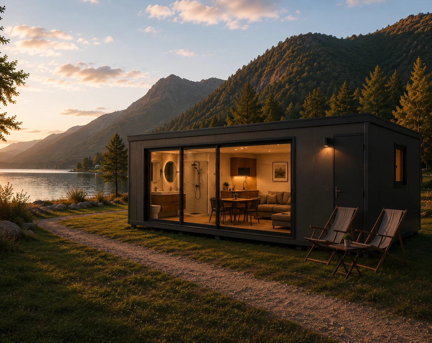 Campingcontainer am Seeufer mit Liegestühlen im Abendlicht
