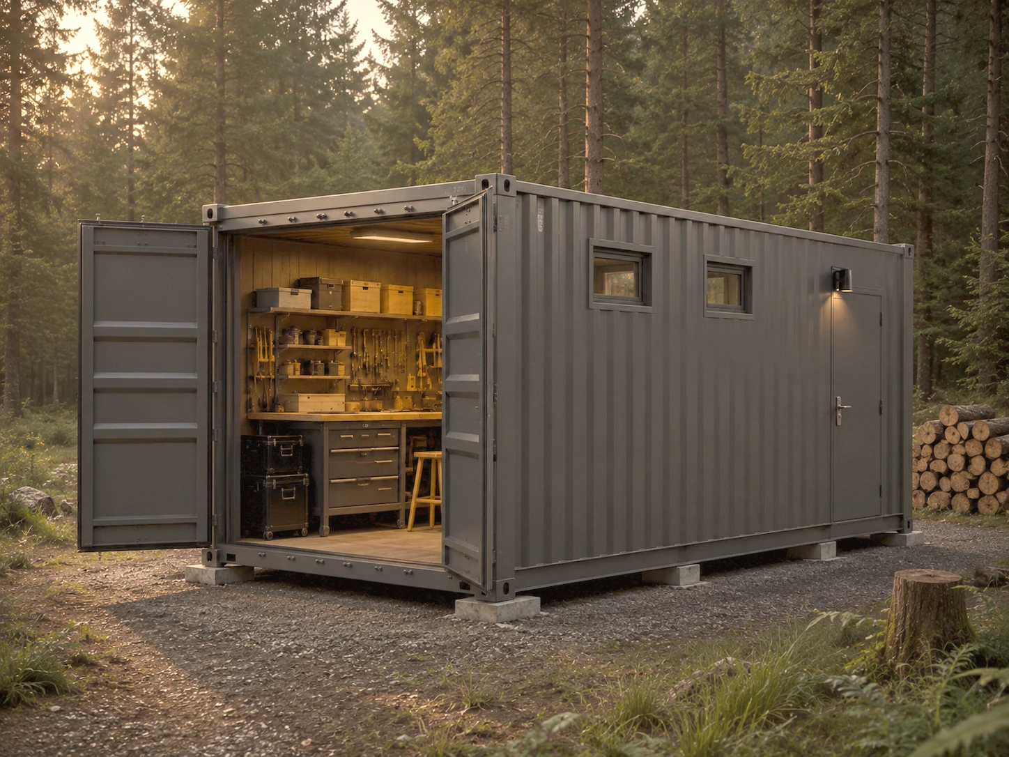 Standardcontainer mit Werkstatt und Lager vor Bergpanorama